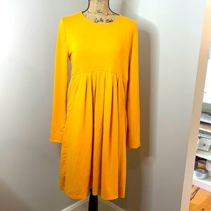 Pleated Empire-Waist Long Sleeve Dress w/ pockets